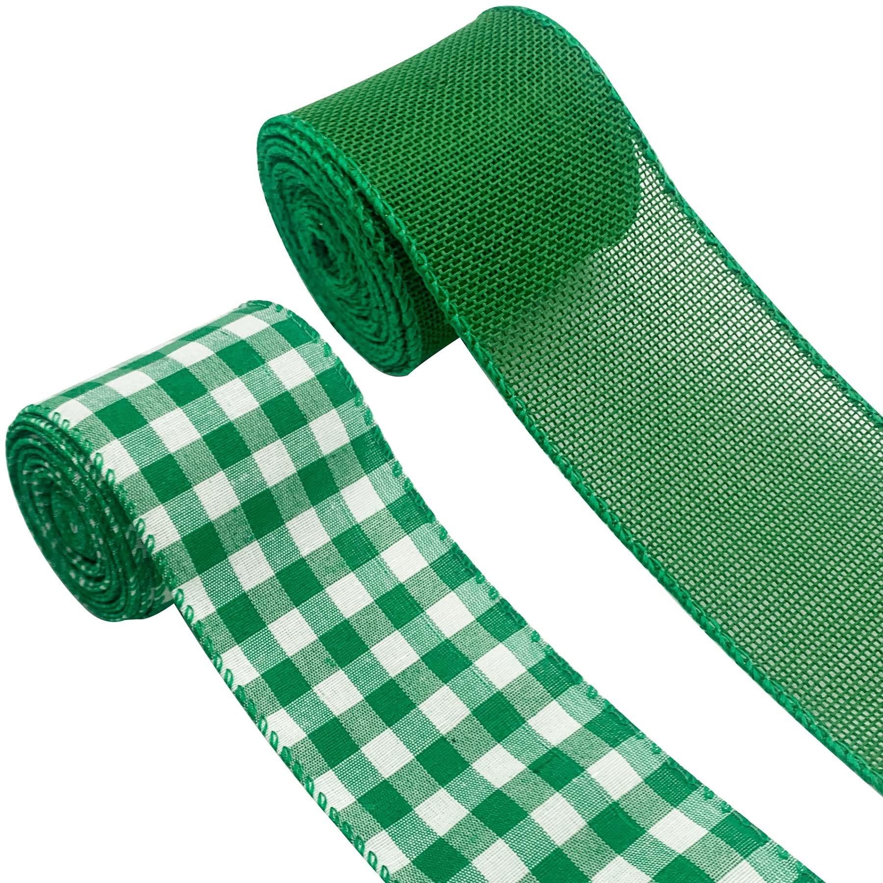 Photo 1 of 2 Rolls Buffalo Plaid Wired Edge Ribbons 2.5 Inch Wide St Patrick's Day Green Fabric Ribbons Irish Festival Burlap Ribbons for Gift Wrapping Wreath Party Decoration DIY Craft Supplies, 12 Yards