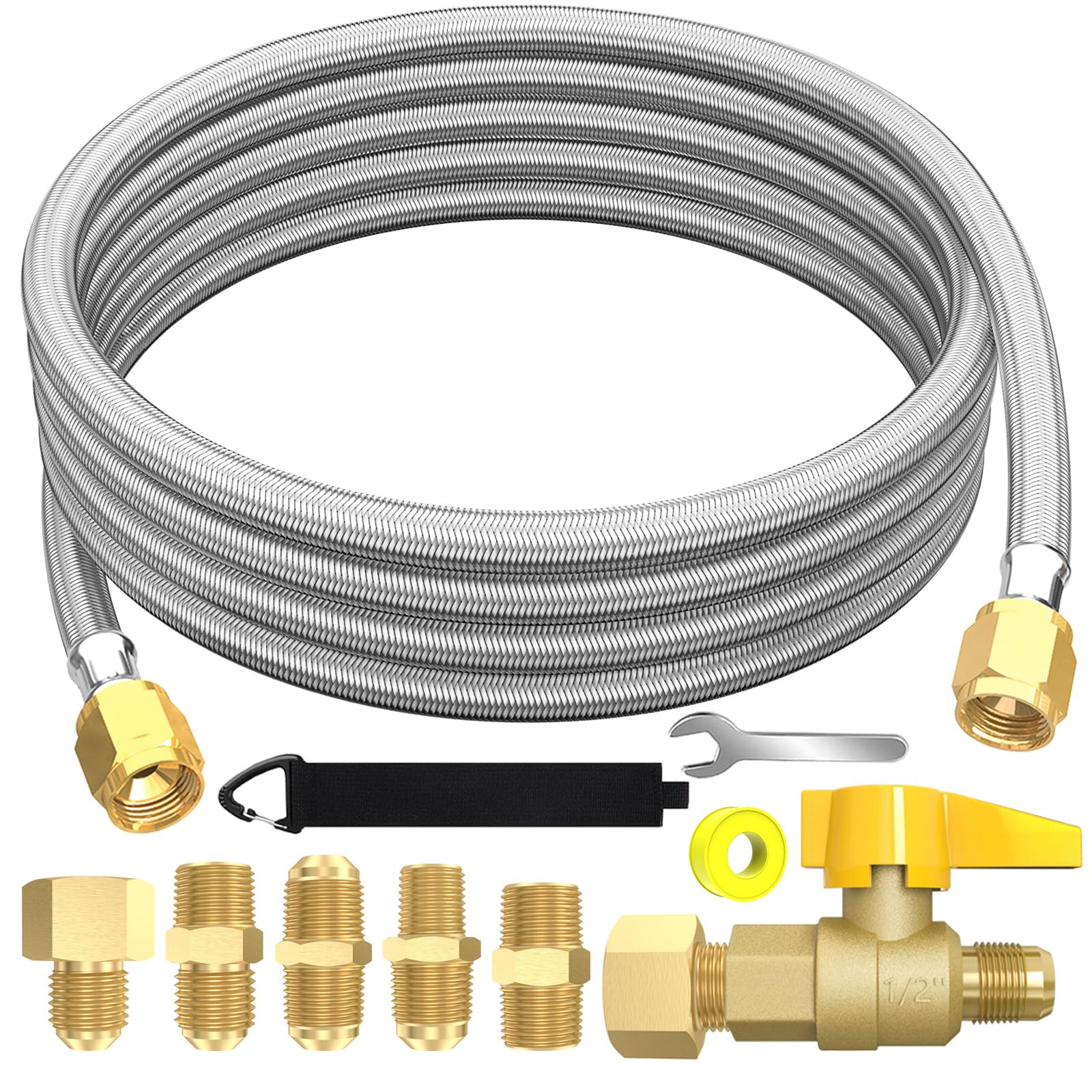Photo 1 of 12FT 350PSI High Pressure Braided Propane Hose Extensions with Brass Gas Ball Valve, with Conversion Coupling 3/8" Flare to 1/2" Female NPT, 1/4" Male NPT, 3/8" Male for BBQ Grill, Fire Pit, Heater