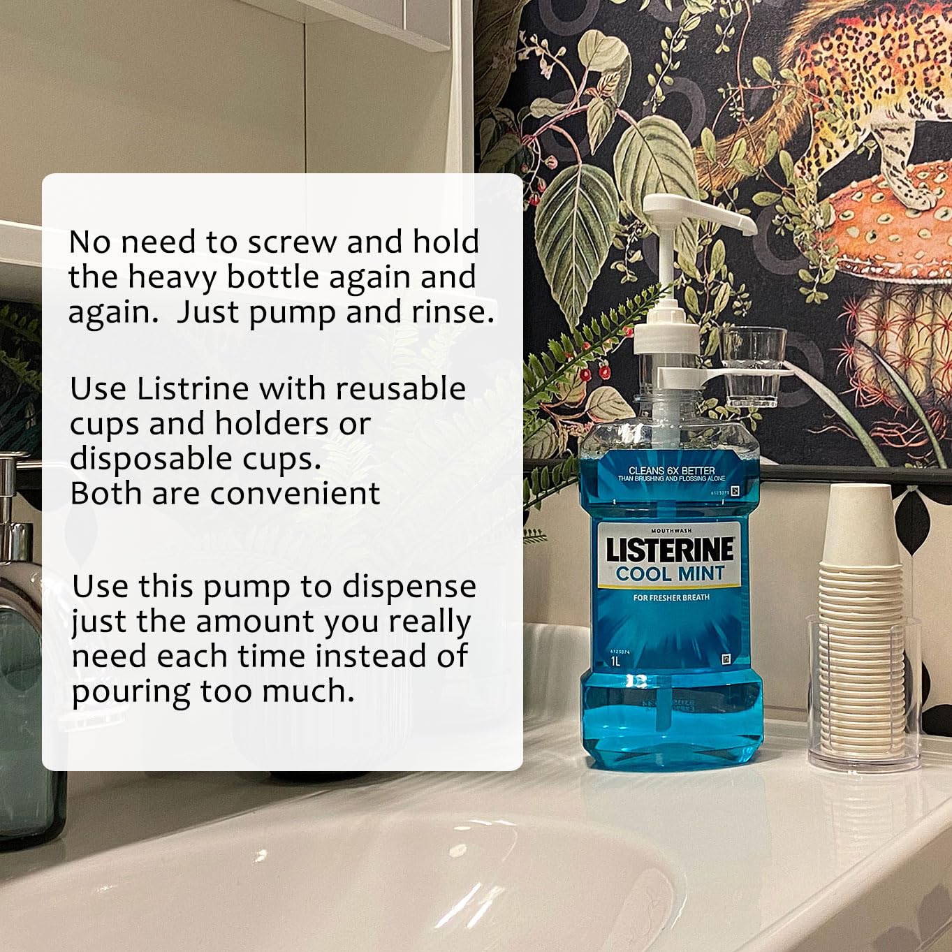 Dispenser Pumps for Listerine 1 or 1.5 Liter Mouthwash Bottles with Cup Holders, Resuable Cups and Clear Plastic Paper Cup Dispenser - Fits Total Care, Original, Zero Alcohol, Cool Mint, etc