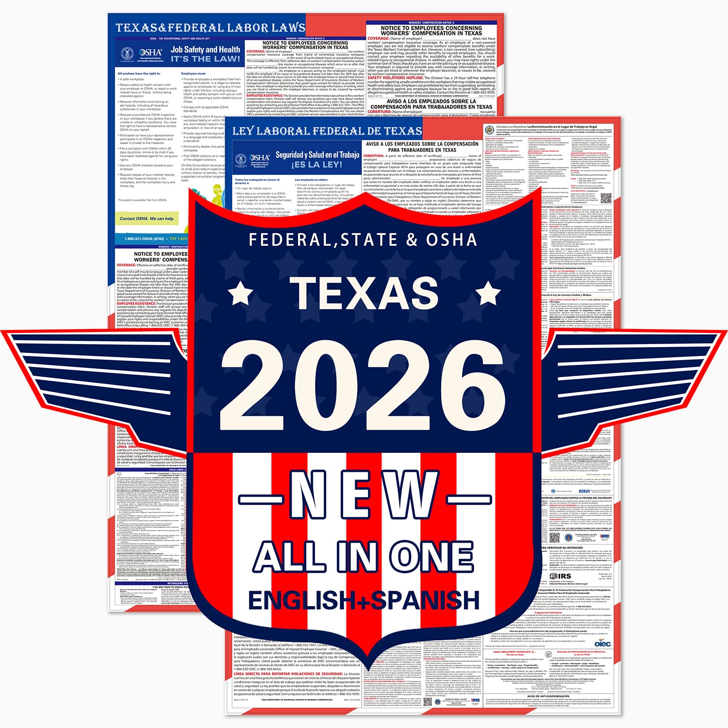 Photo 1 of 2026 Texas State and Federal Labor Laws Poster – OSHA Compliant Laminated 24" x 36" English and Spanish Bundle 2 Pack Folded