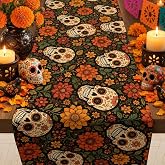Dia De Los Muertos Decorations - Sugar Skull Marigold Table Runner | Day of the Dead Decorations - Dia De Los Muertos Backdrop Banner Party Favors Accessories for Home Kitchen Table Decor