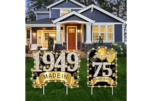 PUYRUIV 2Pcs Black Gold 75th Birthday Yard Sign Decoration with String Lights for Men Women,Happy 75th Birthday Made in 1949 Lawn Sign Party Supplies,75 Year Old Birthday with Lights Yard Decor Stakes