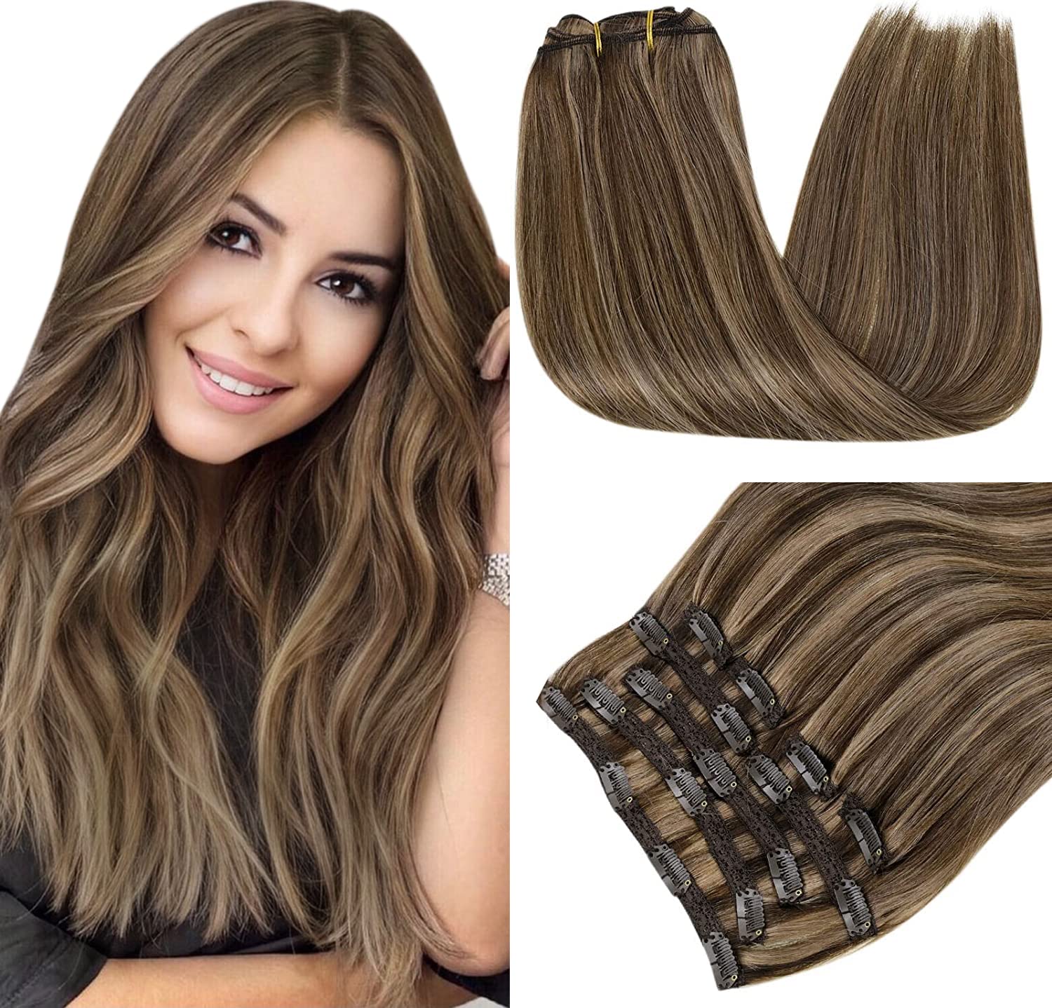 RUNATURE Clip in Highights Hair Extensions Double Weft Clip in Hair Extensions Real Human Hair 100g 12 Inch Dark Brown with Honey Blonde Extensions Clip in Hair — image 1