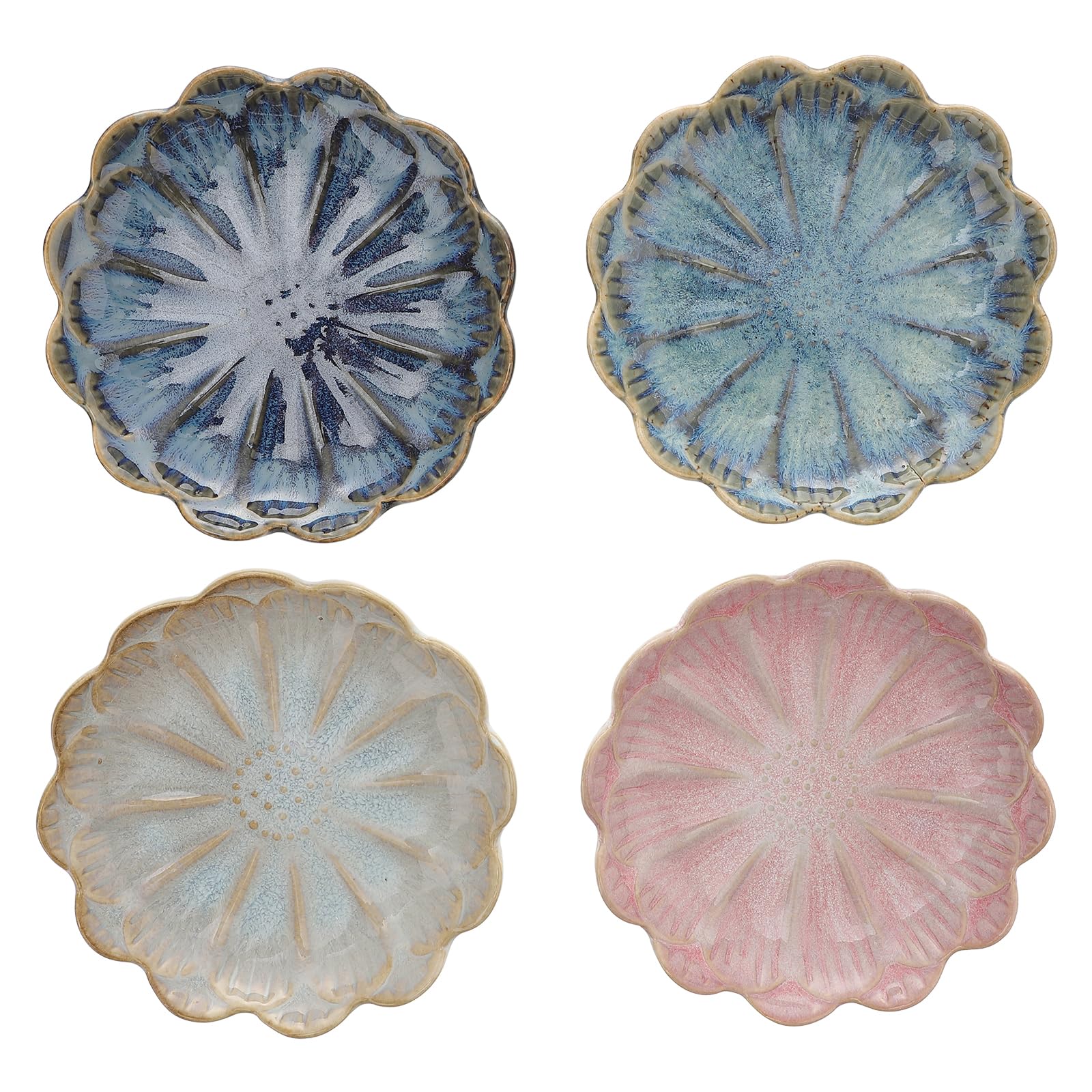 4Pcs Japanese Style Ceramic Seasoning Plates Sunflower Design Mini Sauce Dishes Dipping Bowls for Sushi Snacks and Appetizers - 11Cm Diameter Stackable and Easy to Clean