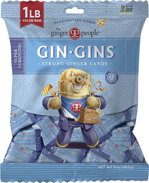 GIN GINS SUPER STRENGTH – NATURAL GINGER CANDY BY THE GINGER PEOPLE – INDIVIDUALLY WRAPPED HEALTHY CANDY – SUPER STRENGTH FLAVOR – LARGE 1 LB BAG (16OZ) – PACK OF 12
