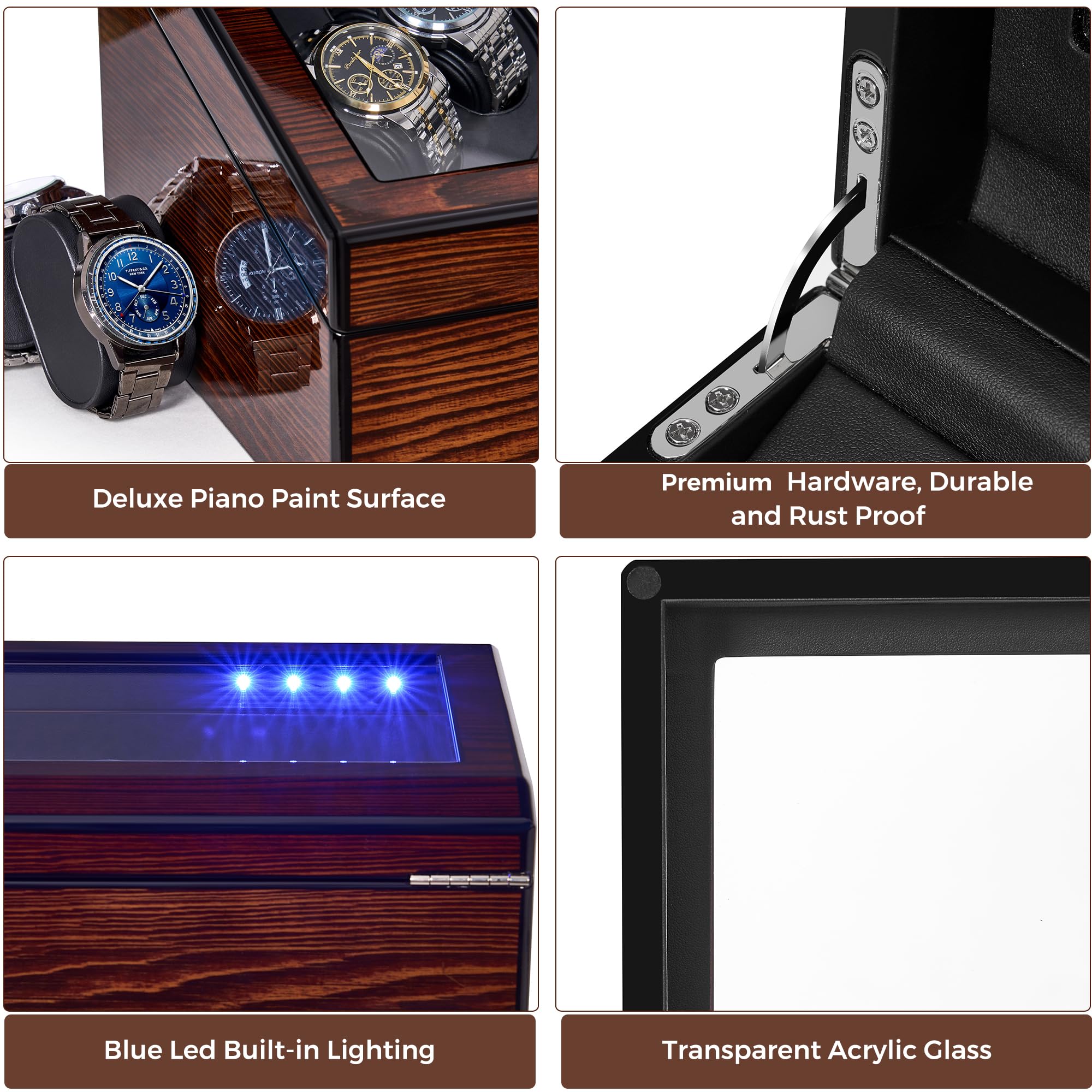 BEWISHOME Watch Winders for Automatic Watches, Automatic Watch Winder Box Watch Spinner with LED Light, 4 Watch Winder with Quiet Running Motor and 6 Storage Case for Man/Woman's Watches, Brown SYQ01Y