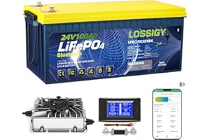 LOSSIGY 24V 100AH Trolling Motor LiFePO4 Battery with 24 Volt 15A Lithium Charger, IP65 Prefect for RV Marine Solar, Built in 100A Bluetooth BMS, Peak Current 400A(3-5s), 10 Yrs Lifespan