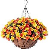 INXUGAO Artificial Hanging Flowers with 12" Basket for Outdoor Decor, Fake Hydrangea UV Resistant Arrangements in Pot Planter Decor for Spring Summer Porch Garden Yard(OrangeYellow)