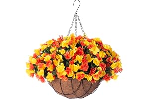 INXUGAO Fall Artificial Hanging Flowers with 12" Basket for Outdoor Decor, Fake Hydrangea UV Resistant Arrangements in Pot Planter Decor for Autumn Porch Garden Yard(OrangeYellow)