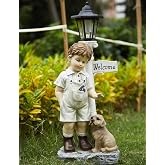 Floryden Solar Boy Statue Welcome Sign Garden Statues for Garden Decor, Porch, Lawn, Yard Art Decorations, Resin 23.2H inch