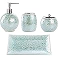 Whole HOUSEWARES Bathroom Accessory Set - 4-Piece Decorative Glass Bathroom Accessories Set with Mosaic Glass Finish - Bath Room Set Includes Soap Dispenser, Tray, Jar, Toothbrush Holder - Turquoise