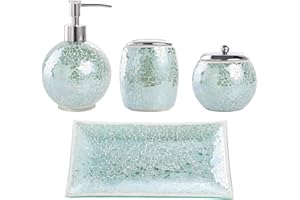 Whole HOUSEWARES - Bathroom Accessory Set - Accesorios de Baño - 4-Piece Decorative Glass Bathroom Accessories Set - Soap Dispenser, Tray, Jar, Toothbrush Holder - Mosaic Glass (Turquoise)