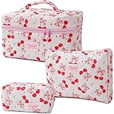 Denovin 3-Piece Quilted Makeup Bag, Large Cute Coquette Pink Makeup Bag Set, Aesthetic Cosmetic Bags for Women, Travel Toiletry Bag Organizer with Zipper (Cherry Bow)