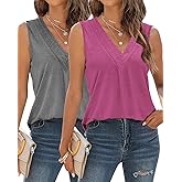 EyMuse Womens Summer Tank Tops 2 Pack Sleeveless V Neck Tshirts Going Out Outfits Spring Casual Basic Cute Blouses Trendy Clothes Dressy 2026,Rosered,Grey S