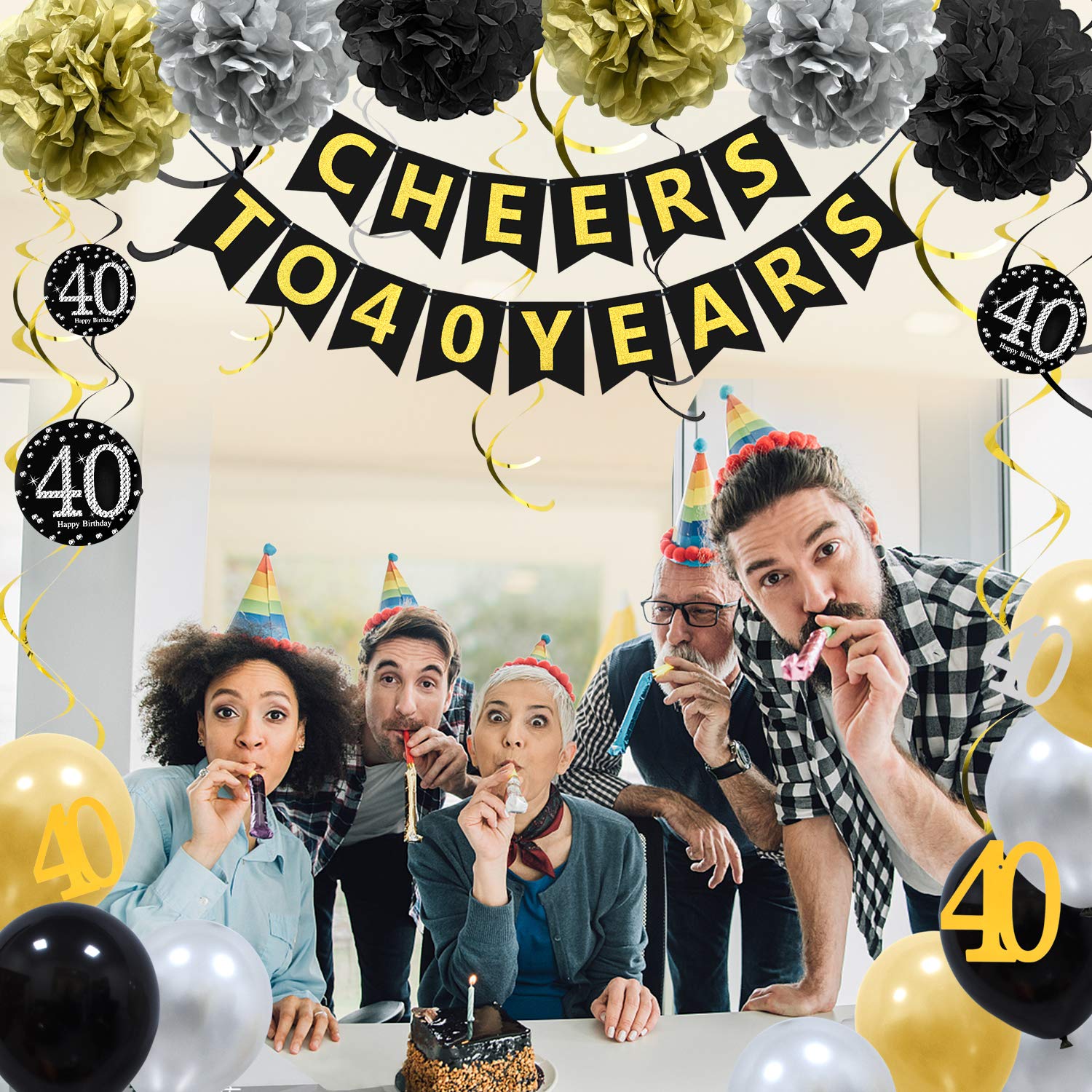 ZukoCert 40th Birthday Decorations Kit Gold Glittery Cheers to 40 Years Banner,6 Pcs Paper Pom Poms,20 Pcs Balloons,12 Pcs Sparkling Hanging Swirl Celebrate for 40th Anniversary Decorations Party Supplies