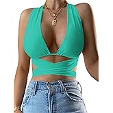 Kaximil Women's Sexy Sleeveless Halter Criss Cross Cami Lace Up Self Tie Tank Crop Tops