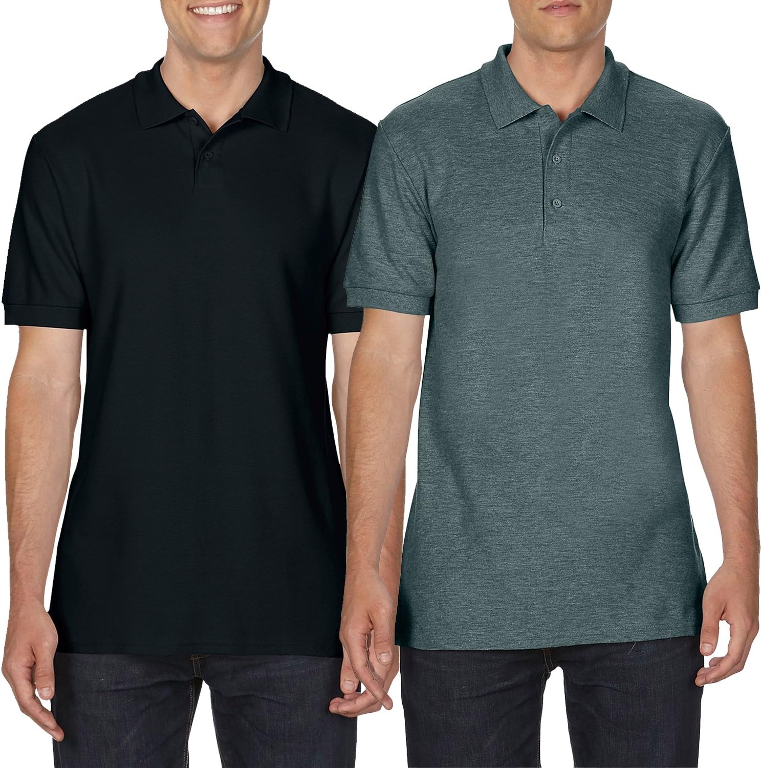 2 Pack Gildan Dry Blend Mens Polo Shirts Workwear Wholesale Plain Clothing and Sizes (Large Mens 42-44 Inch Chest, Black and Heather Grey)