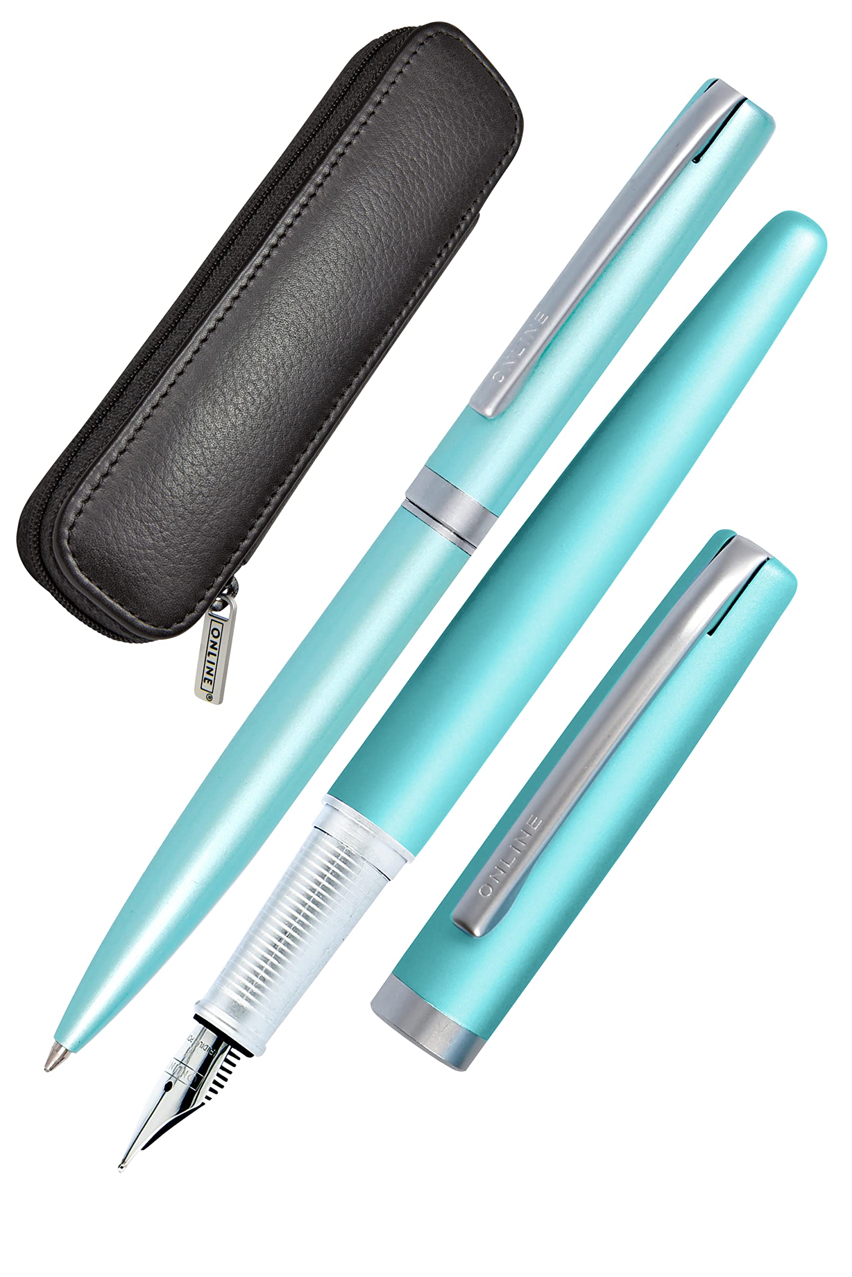 Online Set Eleganza Fountain Pen & Ballpen I Satin Turquoise I Nib Size M I Metal Clip I Retractable Biro I Fountain-Pen for Standard Ink Cartridges Or Converter I In Gift Box