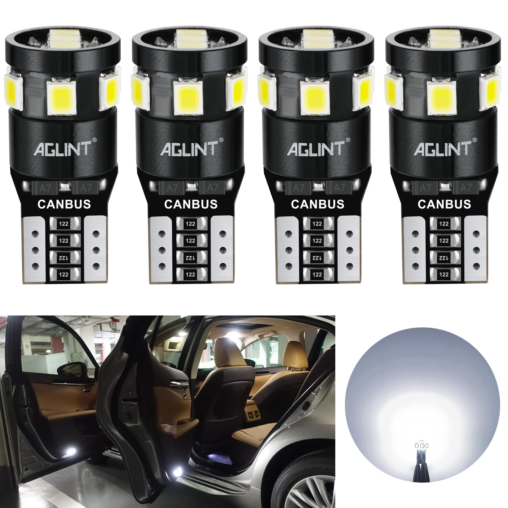 AGLINT T10 194 LED Bulb CANBUS Error Free W5W 501 168 2825 Wedge 12V Replacement Bulb for Car Interior Dome Map Door Side Trunk Courtesy Position Light License Plate Lights 6500K White 4PCS