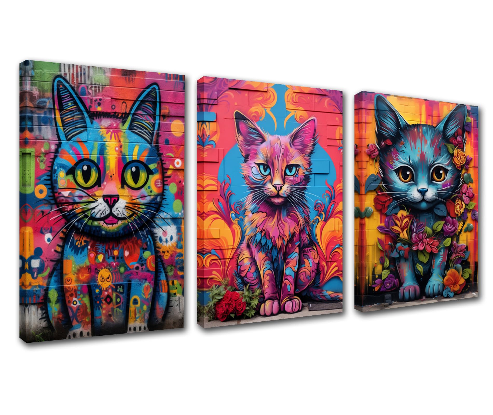 Cat Sitting on a Colorful Wall Picture Wall Decor Watercolour Style Canvas Wall Art Graffiti Painting Prints Poster for Livingroom Home Decor Funny Animal Artwork Stretched Easy to Hang 42”x20”