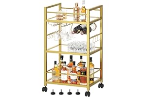 HOMEDAWN Bar Cart, Serving Cart for Home, Microwave Cart, Drink Cart, Mobile Kitchen Shelf with Wine Rack and Glass Holder, Rolling Beverage Cart for Dining Room, Gold