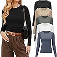 CE' CERDR 3/5 Pack Womens Long Sleeve Shirts Crew Neck Basic Tees Tight Fitted Casual Going Out Stretchy Slim Tops
