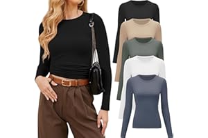 CE' CERDR 3/5 Pack Womens Long Sleeve Shirts Crew Neck Basic Tees Tight Fitted Casual Going Out Stretchy Slim Tops