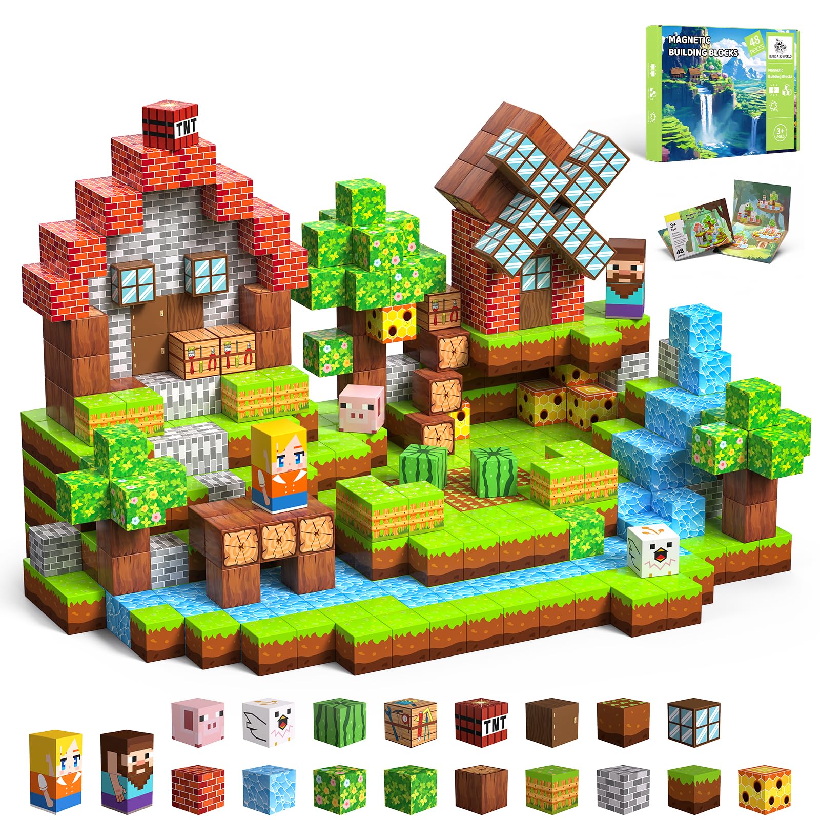 CraftyNest Magnetic Blocks Building Toys for Kids, 48 PCS Magnetic Blocks for Kids Ages 4-8, Magnetic Cubes, STEM Sensory Toys for Boys & Girls, Christmas Birthday Gifts for Kid Ages 3+