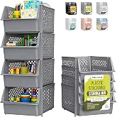 Skywin Stackable Storage Bins Open Front for Pantry Storage, 4 Pack - Grey | Sturdy Plastic, Easy Stacking, Open Front Access, Ventilated Sides, Vertical &amp; Space Saving Pantry Organizers and Storage Bin