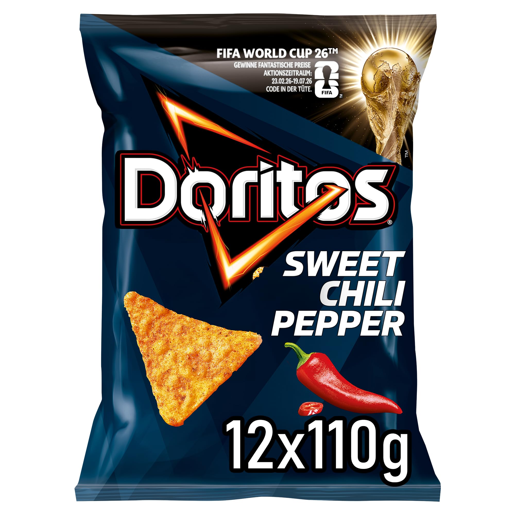 Doritos Sweet Chili Pepper - Tortilla Nachos mit süßem Chili-Geschmack - Herzhafter Snack zum Knabbern aus Mais (12 x 110g) (Verpackungsdesign kann abweichen)