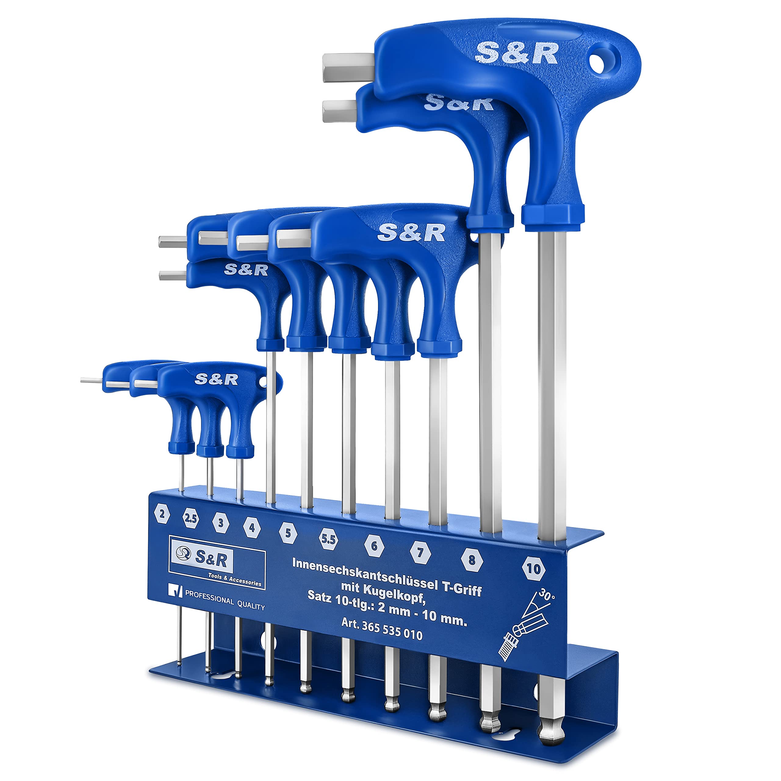 S&R Allen Keys, Hex Keys Set, HX, 10 Pcs. 2 mm - 10 mm, S2 Tool Steel, T-Handle, with Ball Head, Metal Tool Holder, Extra Long, Metric