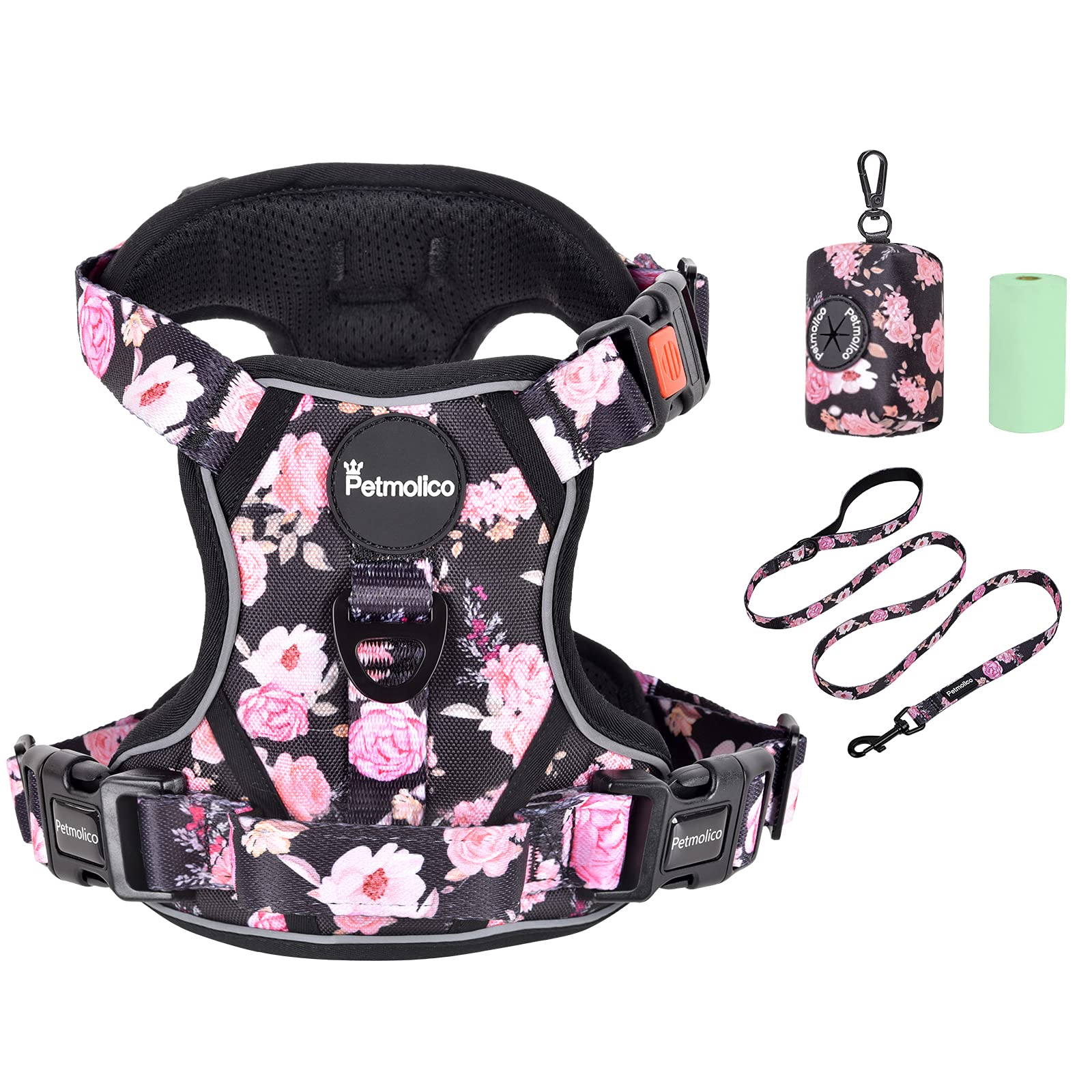 Petmolico Large Dog Harness Set, Reflective Vest Harness, 2 Leash Attachments, Rope Leash, Poop Bag Holder, Black with Pink Rose