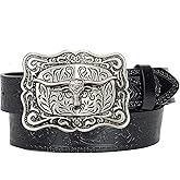 IZUS Men's Retro Western Cowboy PU Leather Belt Longhorn Buckle Decoration Floral Engraved for Jeans