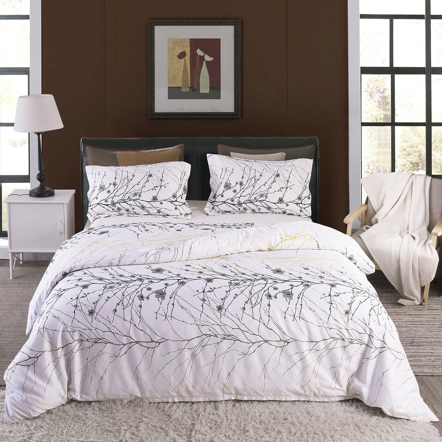 Duvet Cover, Over Sized King Comforter Cover Sets Soft Wrinkle Free Brushed Microfiber 3 Pieces Duvet Covers and Sharms Pollowcases Bedding Set (California King Size 98 x 104 inch Plum Blossom)
