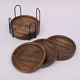 Samhita Mango Wood Coasters Set of 5 with Iron Holder Brown Round view 4