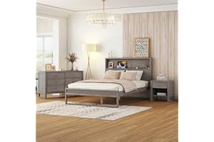 LZ LEISURE ZONE Bedroom Sets, 3 Piece Bedroom Sets with Full Size Platform Bed, Nightstand and Dresser, Solid Pine Wood Framhouse Bed Room Set, Full Bedroom Sets, Antique Gray