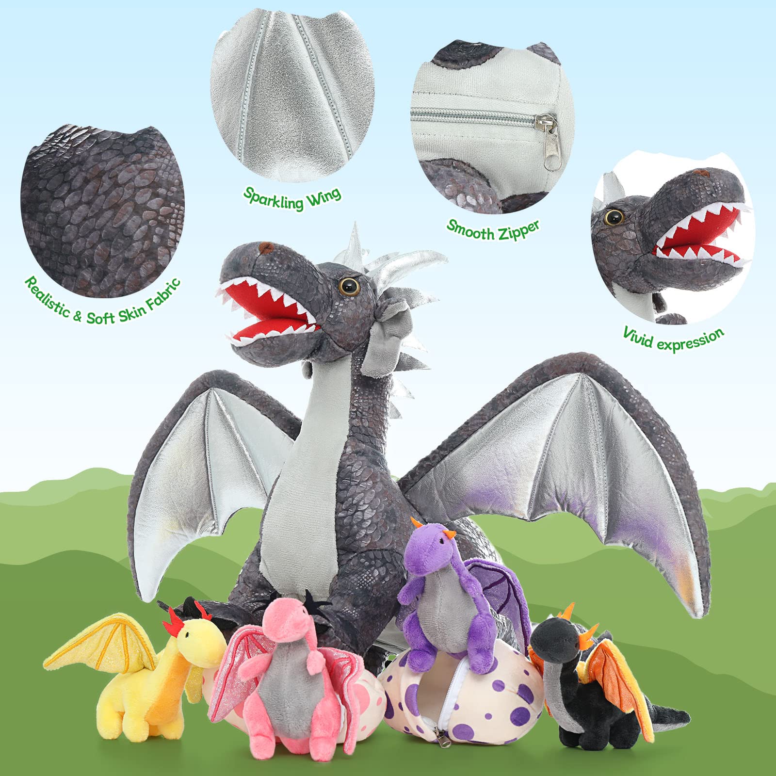 MorisMos 55cm Stehend Drache Kuscheltier mit Baby im Bauch, Grau Groß Plüschdrache Kuscheltiere XXL, Flauschiger Stofftier Plüschtier Dragor Dragon Teddys zum Spielen für Kinder 3