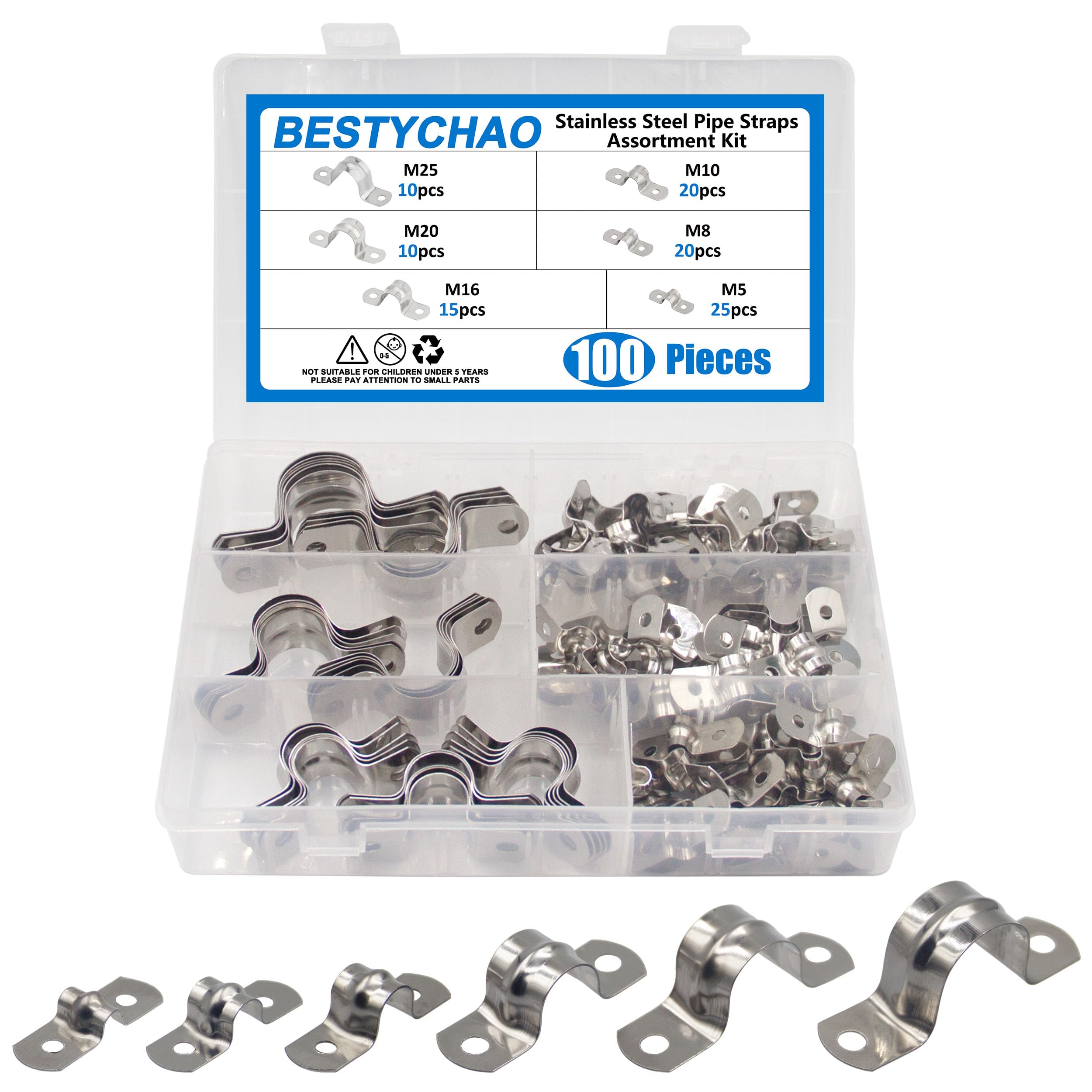 BESTYCHAO 100Pcs Pipe Strap Clamps Assortment Kit, 304 Stainless Steel U Bracket Pipe Strap Saddle Clips, M5 M8 M10 M16 M20 M25 Two Holes Tube Strap Tension Clips