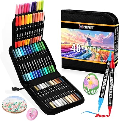 Pamaker 48 Farben Acrylstifte Set – Doppelseitige Spitzen, Multimarker für Steine, Holz, Stoff, Leinwand, Glas, Keramik in Stofftasche – Vielseitige Acrylfarben für Künstler & DIY Projekte