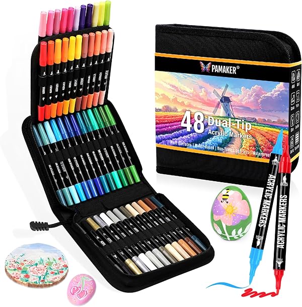 Pamaker 48 Farben Acrylstifte Set – Doppelseitige Spitzen, Multimarker für Steine, Holz, Stoff, Leinwand, Glas, Keramik in Stofftasche – Vielseitige Acrylfarben für Künstler & DIY Projekte