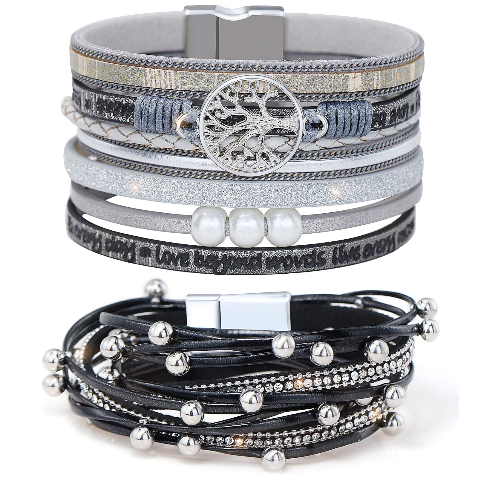 Gleamart Gray 2 Pieces Multilayer Leather Bracelet Set Beads Wrap Bangles with Magnetic Buckle for Women 05