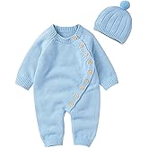 Kutterild Newborn Baby Boy Girl Footie Romper Waffle Knit Side Button Jumpsuit Infant Sweater Coverall with Hat
