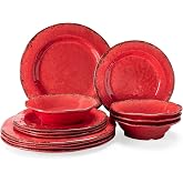 LEHAHA Melamine Dinnerware Sets for 4, 12Pcs Farmhouse Plates and bowls Set | Lightweight and Unbreakable Dishes Set Perfect for Parties, RV, Poolside, Picnic, Indoor and Outdoor and use. Christmas Red