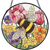 TNUW Bee Flower Stained Glass Window Hanging, Cottagecore Honey Bee Wildflower Sun Catchers Indoor Window Glass Round Wall Art Decor, Floral Wall Hanging Decorations, 7.9"x7.9"