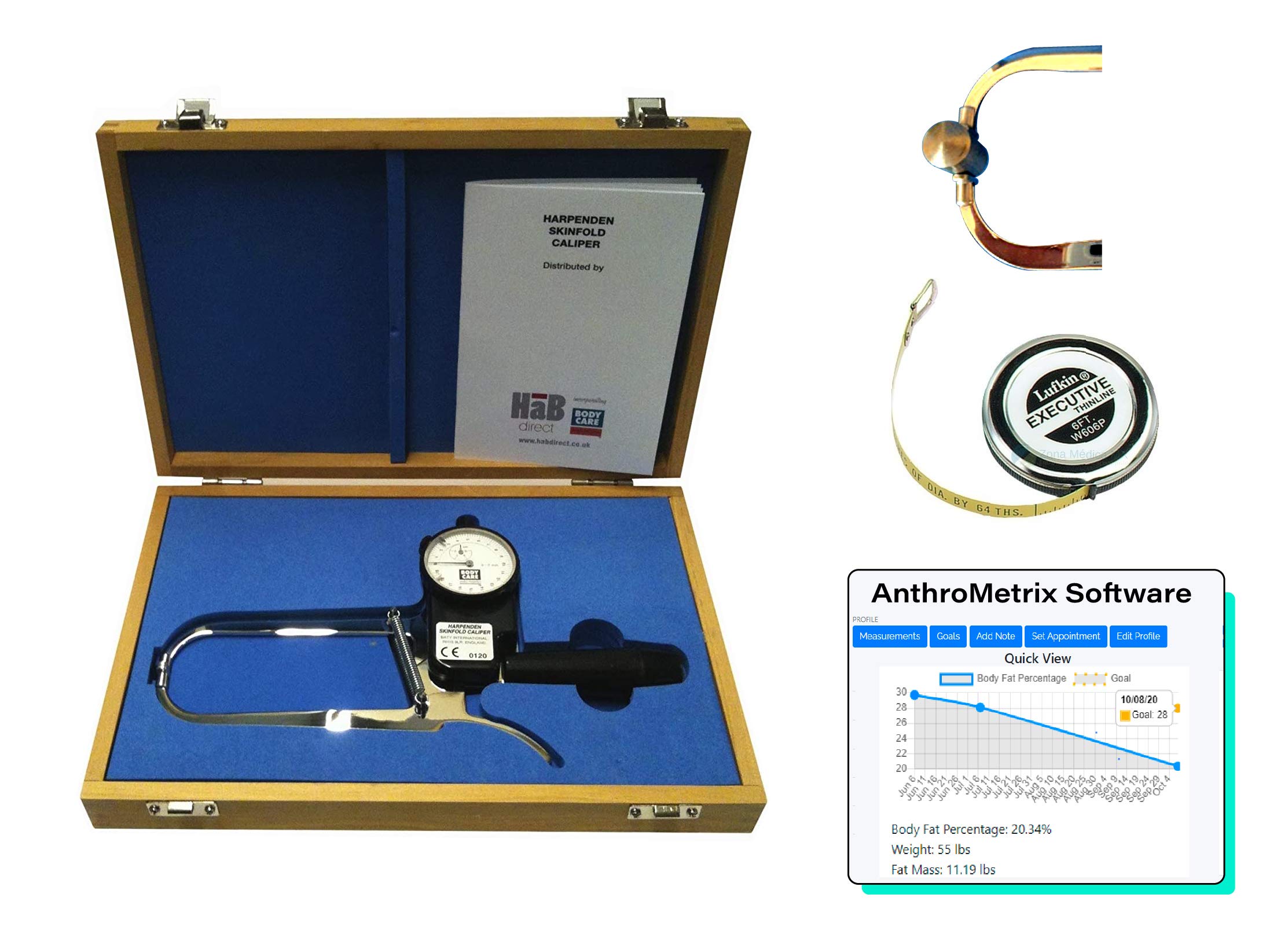 Harpenden Skinfold Caliper Pro Kit with AnthroMetrix Software, Lufkin W606PM Tape Measure, Wood Case and Instruction Manual with Charts to Measure Body Fat Percentage - 0.2 mm Accuracy