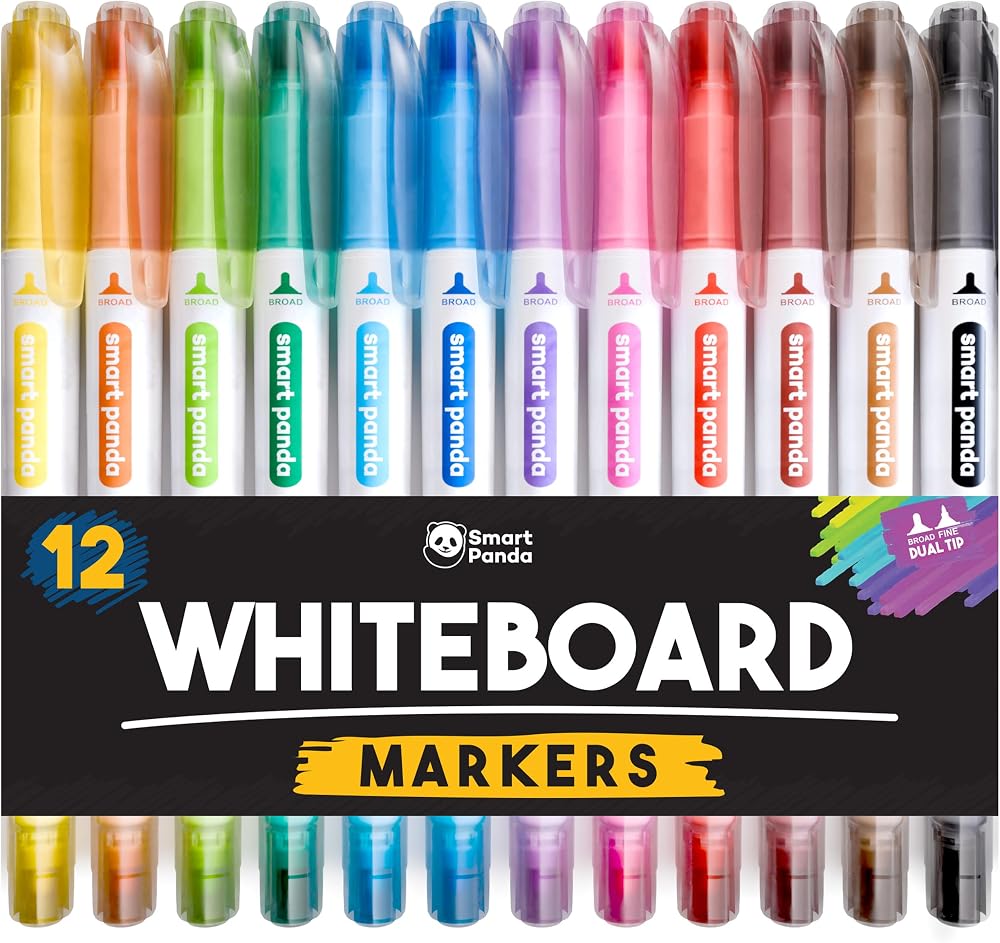 Smart Panda 12 Whiteboard Pens Dual Tip Broad Fine Dry Erase Markers