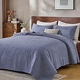 DOWN HOME King Quilt Bedding Set with Shams, Vintage Washed Soft Quilted Blanket Thin Comforter Lightweight Bedspread Coverlet Bed Cover, Brushed Microfiber Stripe Stitching, Vintage Denim, 104"x90"