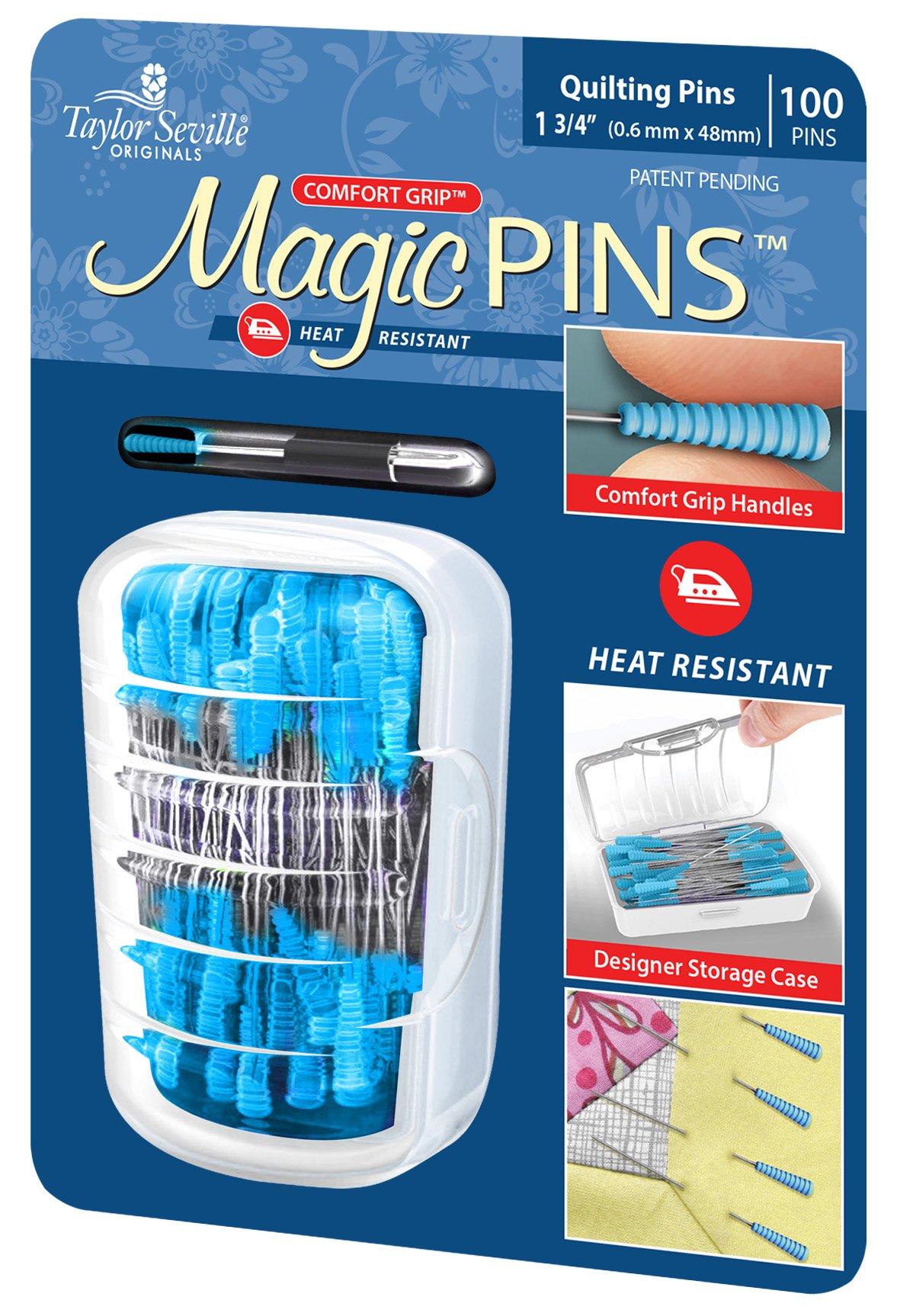 Taylor Seville Originals - Taylor Seville Originals Comfort Grip Heat Resistant Regular (0.6 x 48mm) Quilting Magic Pins - 100 Pieces, Blue