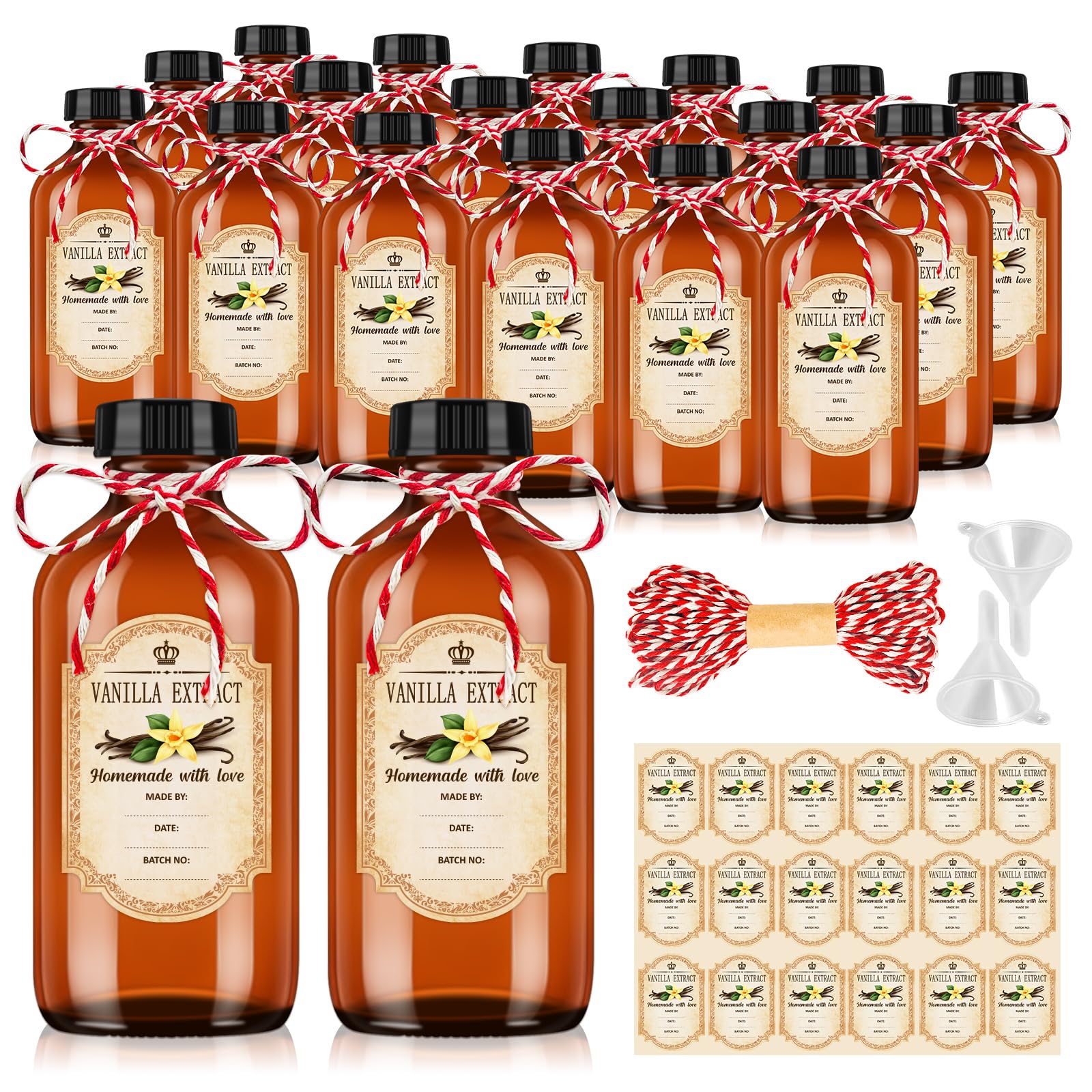 Photo 1 of ***Missing All The Caps*** KEYWING 18 Pack 8oz Amber Glass Boston Round Bottles with Airtight Poly Cone Caps, Perfect Dispensing Bottles for Homemade Vanilla Extract, Syrups, Essential Oils, Holiday & Christmas Gift