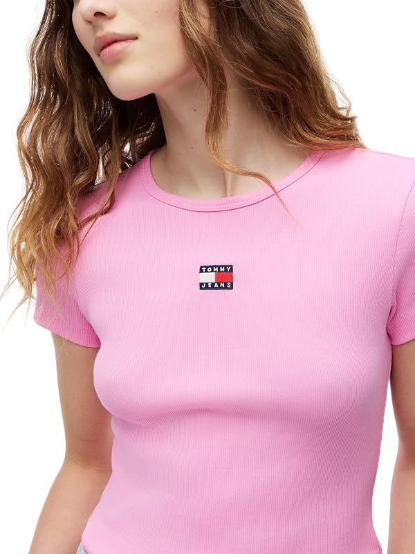Camiseta Tjw Slim Badge Rib tee DW0DW17881 S/S para Mujer, Color Rosa (Margarita Rosa), Talla S